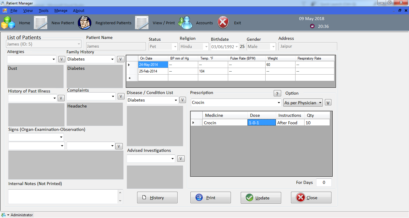 Patient Diagnosis & Prescription Screen
